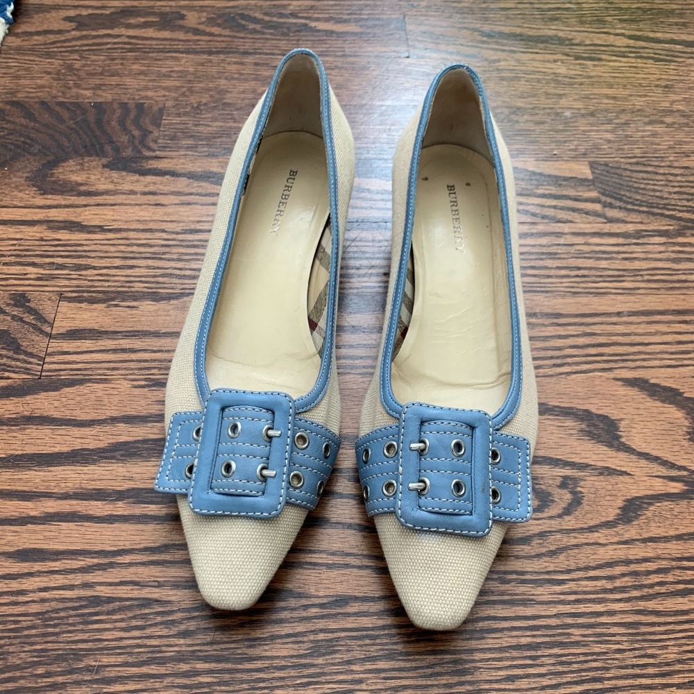 Burberry Canvas tan and blue shoe w/ buckle detail